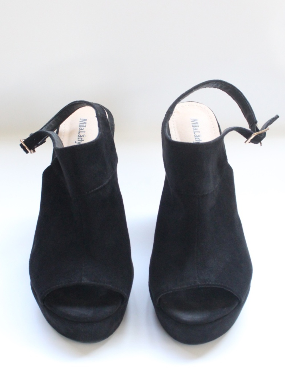 MilaLady Gently Used Wedge Faux Suede Peep Toe Ankle Strap Black Sandals